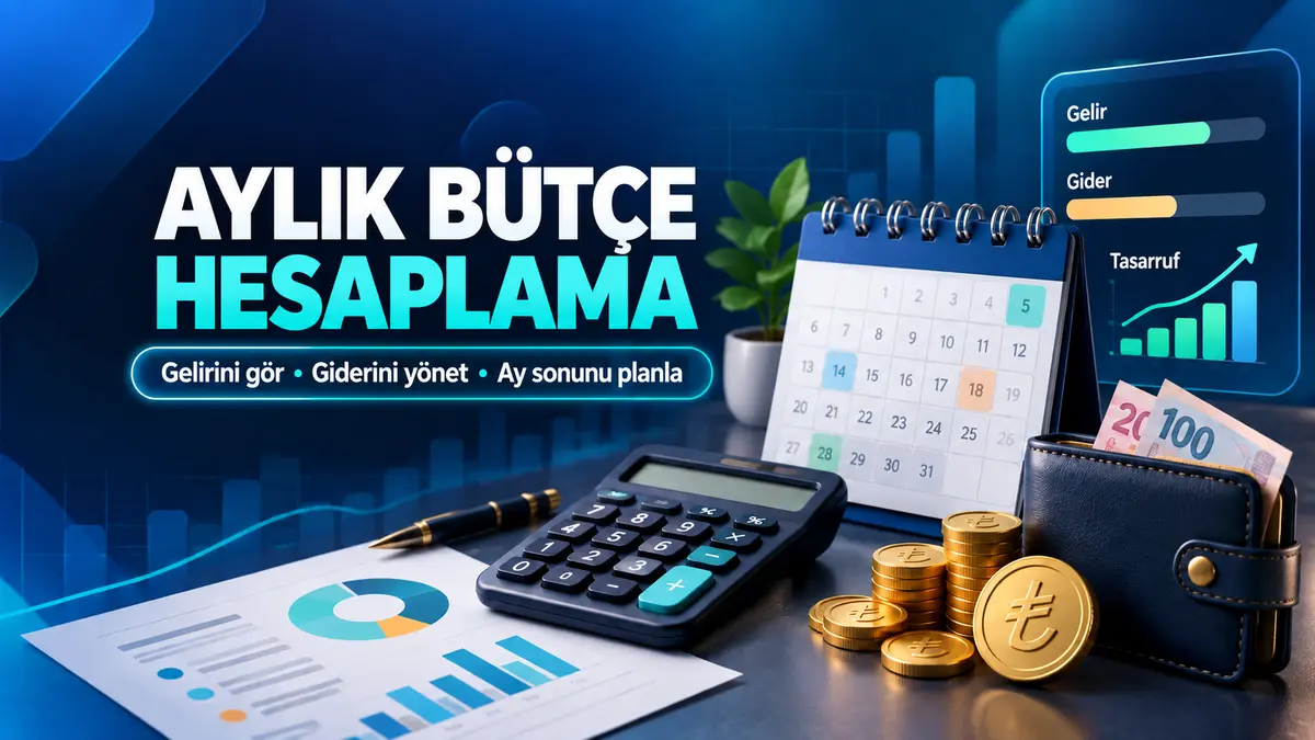 Mobil uyumlu aylık bütçe hesaplama görseli; takvim, hesap makinesi, gelir-gider ve tasarruf grafiği
