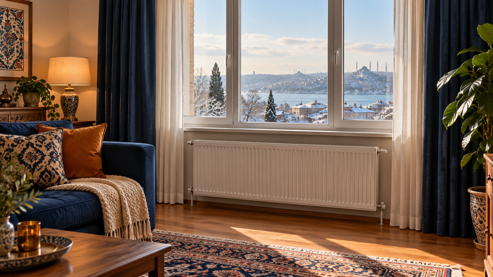 Önü açık radyatörün bulunduğu sıcak ve aydınlık kış salonu
