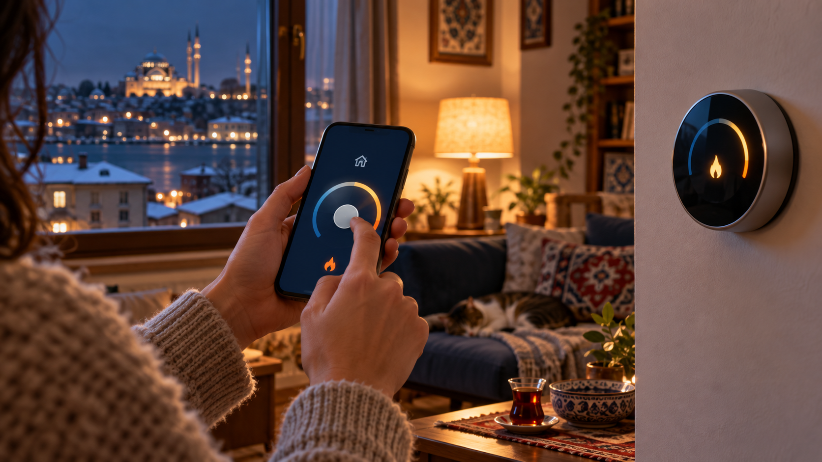 Akıllı termostat ve telefon uygulamasıyla ev sıcaklığının uzaktan ayarlanması