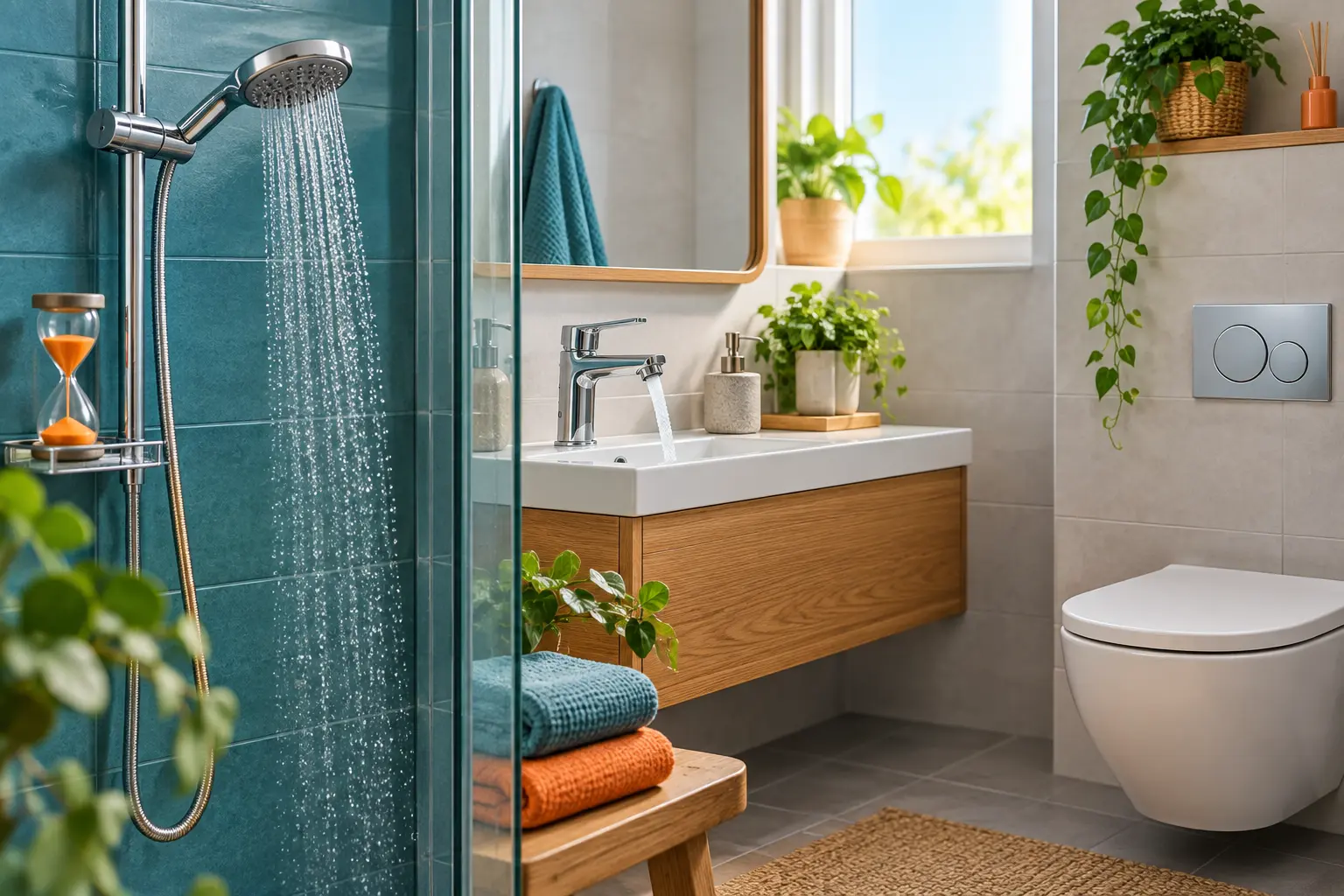 Tasarruflu duş başlığı, perlatör ve çift kademeli rezervuar bulunan banyo