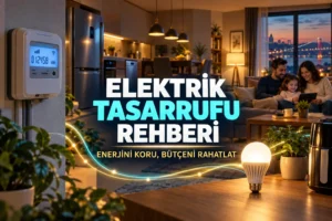 Elektrik sayacı, LED ampul ve enerji verimli evi gösteren elektrik tasarrufu rehberi görseli