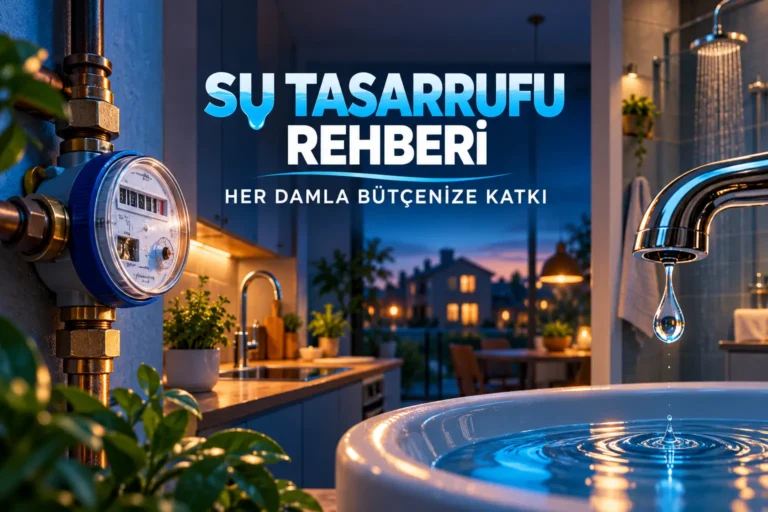 Su sayacı, musluk ve evde su tasarrufunu anlatan rehber görseli