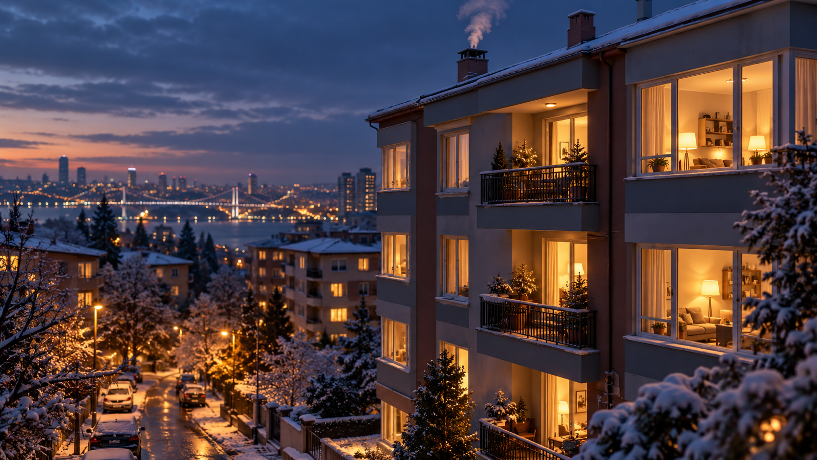 Kış akşamında sıcak pencereleri görünen apartman; doğalgaz tüketim limitleri