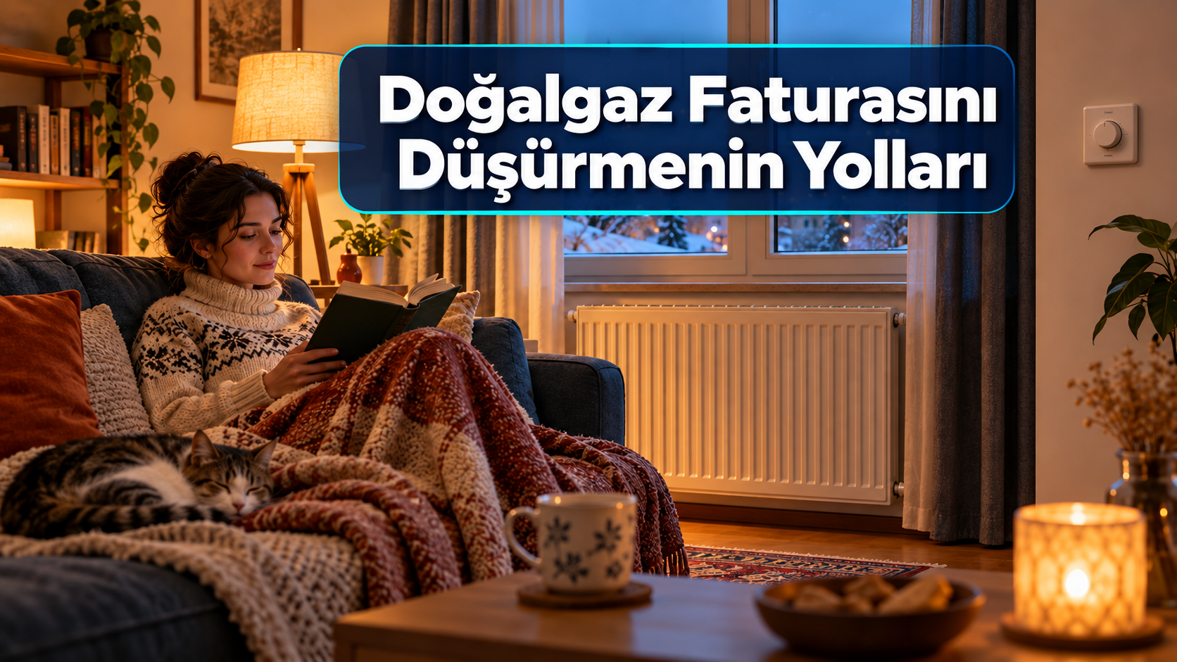 Doğalgaz faturasını düşürmenin yollarını anlatan sıcak ev, radyatör ve termostat görseli