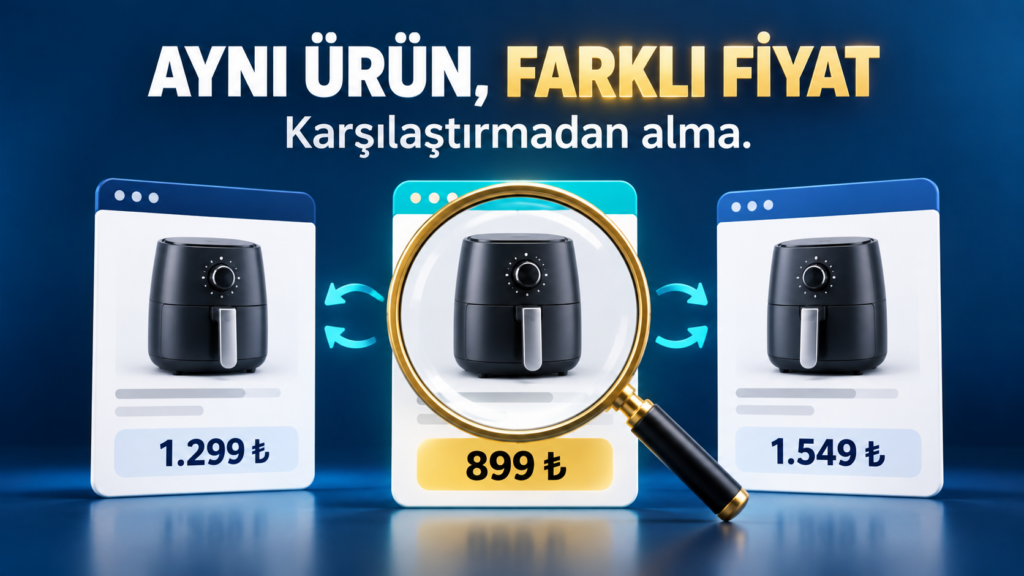 Aynı ürünün farklı satıcılardaki fiyatlarını karşılaştırmayı anlatan online alışveriş görseli