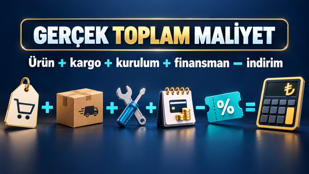 Ürün fiyatı, kargo, kurulum, finansman ve indirimi birlikte gösteren gerçek toplam maliyet görseli