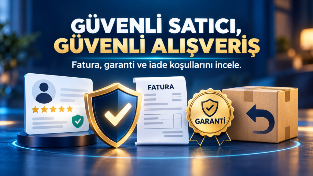 Online alışverişte güvenilir satıcı, fatura, garanti ve iade koşulları kontrolü görseli