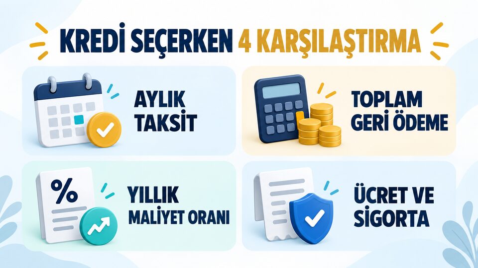 İki kredi teklifinin faiz, taksit ve toplam maliyet karşılaştırması